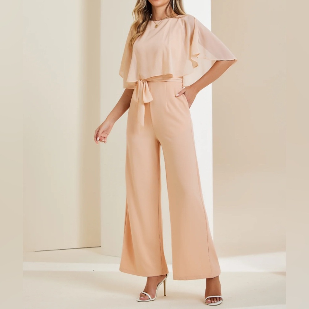 Allegra K Cape Sleeve Belted Wide Leg Pants Casual Apricot Jumpsuit, Size M, L